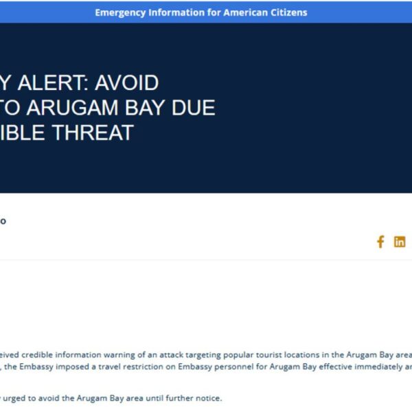 US Embassy Issues Travel Warning for Sri Lanka’s Arugam Bay Amid Credible Attack Threat