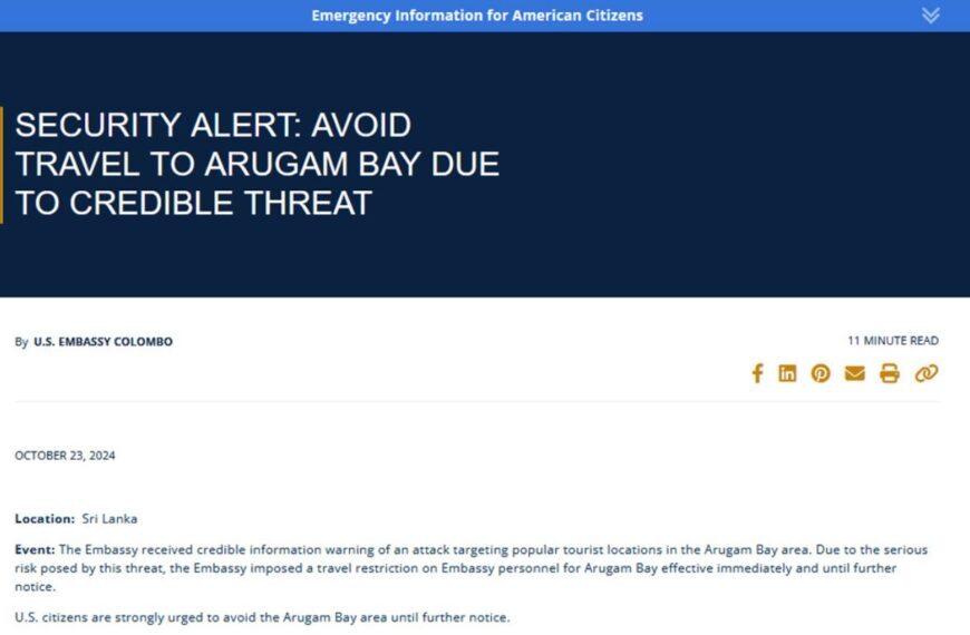 US Embassy Issues Travel Warning for Sri Lanka’s Arugam Bay Amid Credible Attack Threat